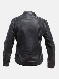 Women's Snap Tab Collar Black Leather Jacke