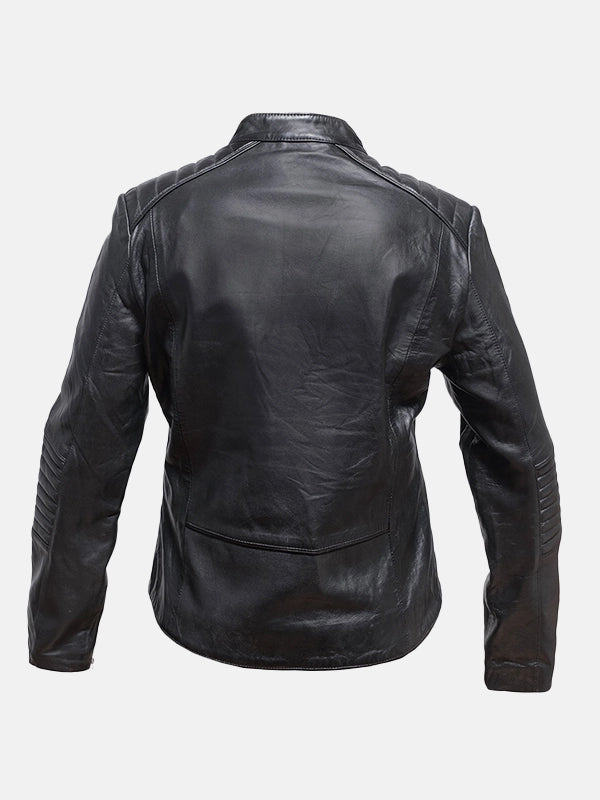 Women's Snap Tab Collar Black Leather Jacke