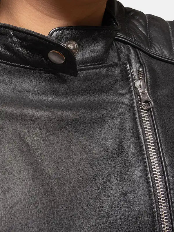 Women's Snap Tab Collar Black Leather Jacke