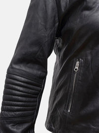 Women's Snap Tab Collar Black Leather Jacke