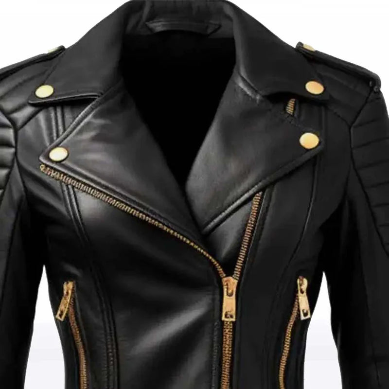 Ava Women’s Black Sheepskin Biker Jacket