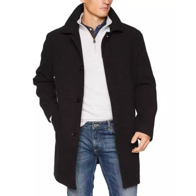 Men's black single-breasted wool coat.