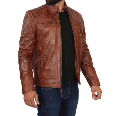 Men's brown lambskin biker leather jacket