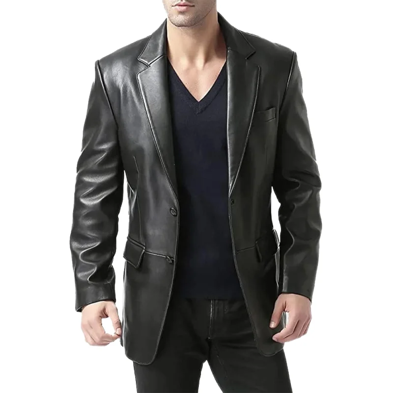 Men's Classic Black Leather Blazer Jacket with Two Buttons