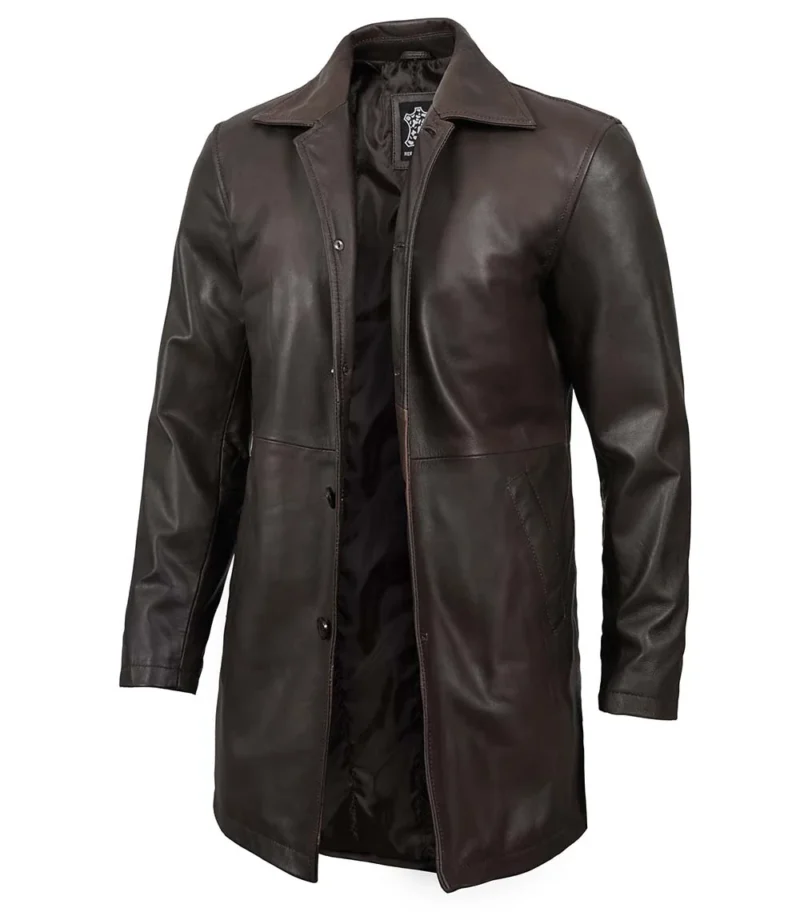 Mens Distressed Dark Brown Leather Car Coat