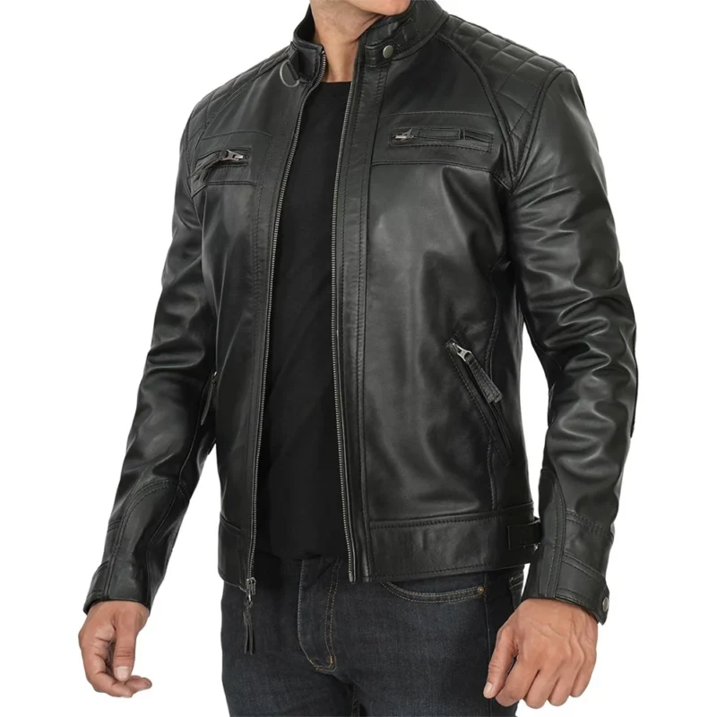 Men's Quilted Black Cafe Racer Leather Jacket