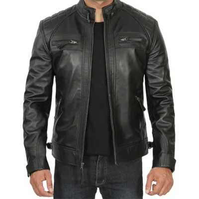 Men's Quilted Black Cafe Racer Leather Jacket