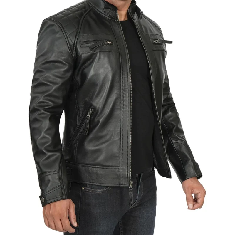 Men's Quilted Black Cafe Racer Leather Jacket