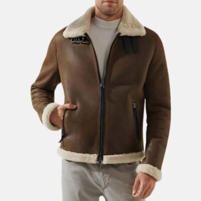 Men's Brown Shearling Bomber Leather Jacket - Berlin Style, Premium Leather with Shearling Lining