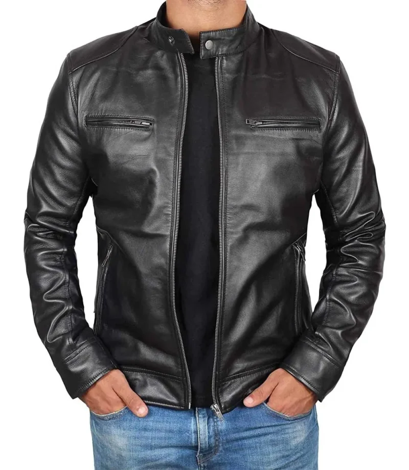 Men's Dodge Black Cafe Racer Leather Biker Jacket – Stylish and Durable