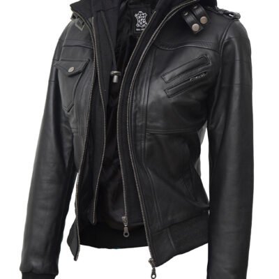 Front view of Edinburgh Women's Black Leather Bomber Jacket