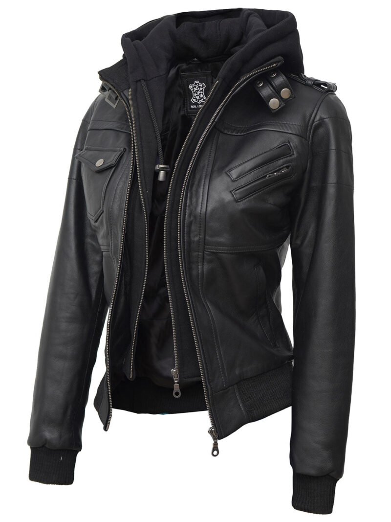 Front view of Edinburgh Women's Black Leather Bomber Jacket