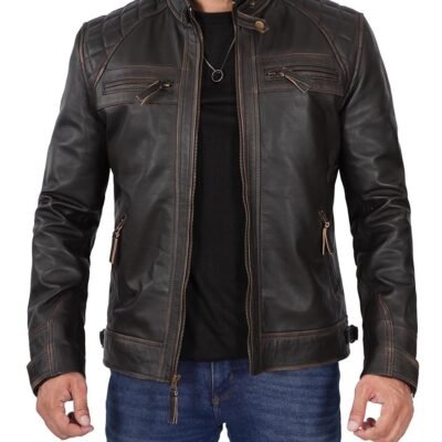 Front view of Men's Distressed Brown Motorcycle Leather Jacket