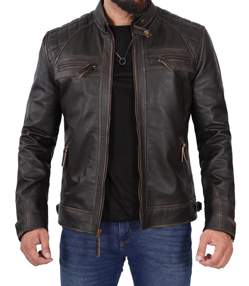 Front view of Men's Distressed Brown Motorcycle Leather Jacket