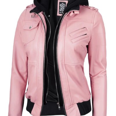 Women's Pink Edinburgh Leather Bomber Jacket with Hood