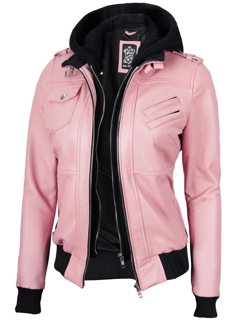 Women's Pink Edinburgh Leather Bomber Jacket with Hood