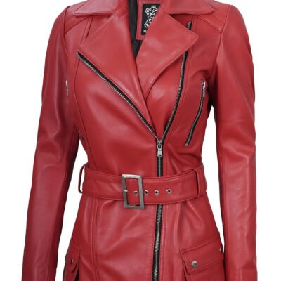 Victoria Asymmetrical Red Leather Biker Jacket for Women