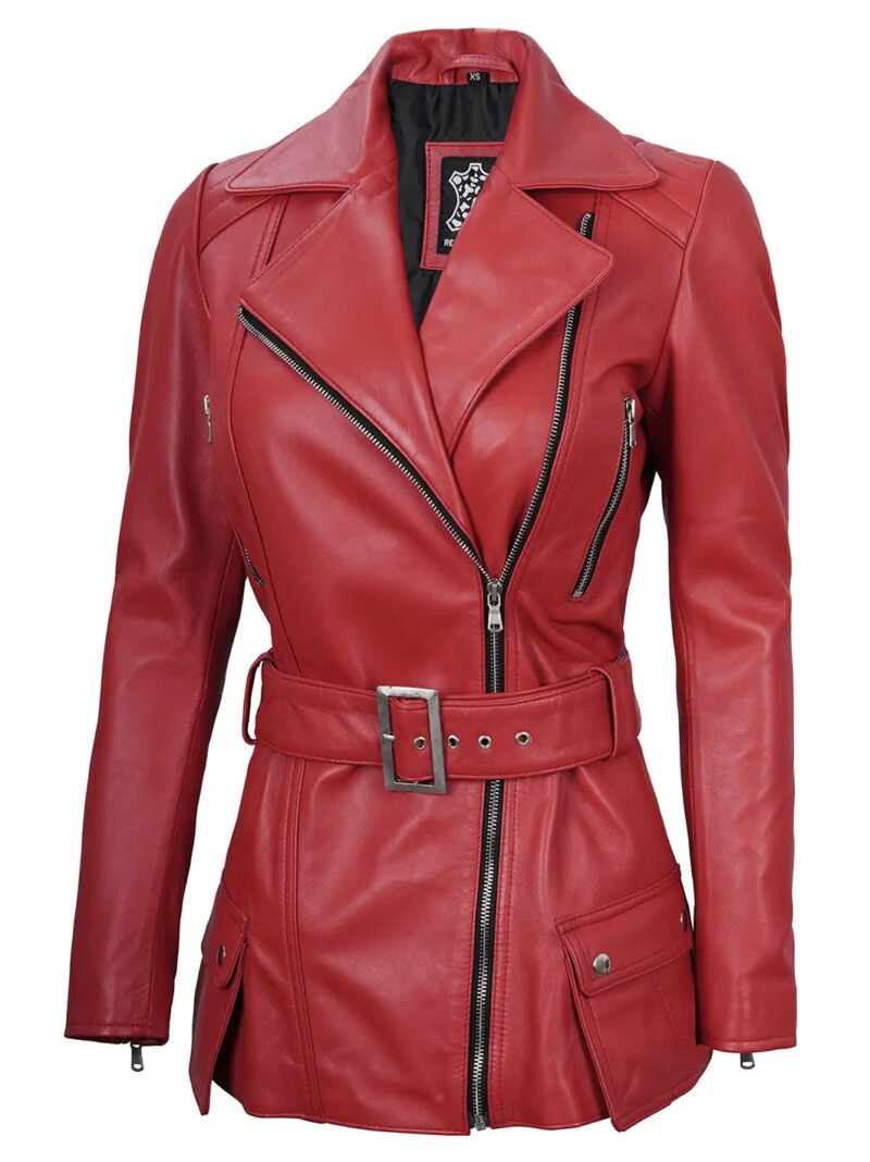 Victoria Asymmetrical Red Leather Biker Jacket for Women