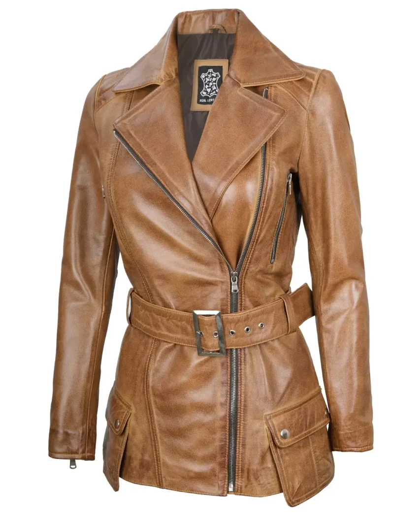 Women's Victoria Asymmetrical Camel Brown Leather Jacket