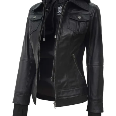 Women's Black Leather Motorcycle Jacket with Hood