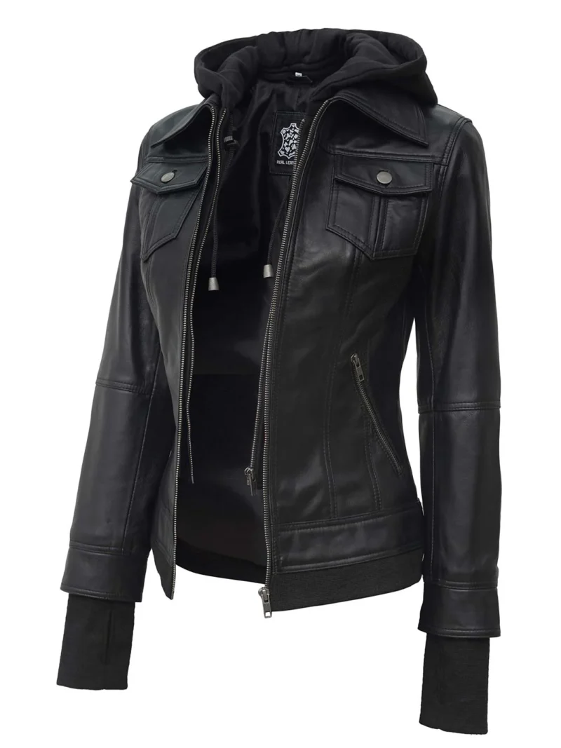 Women's Black Leather Motorcycle Jacket with Hood