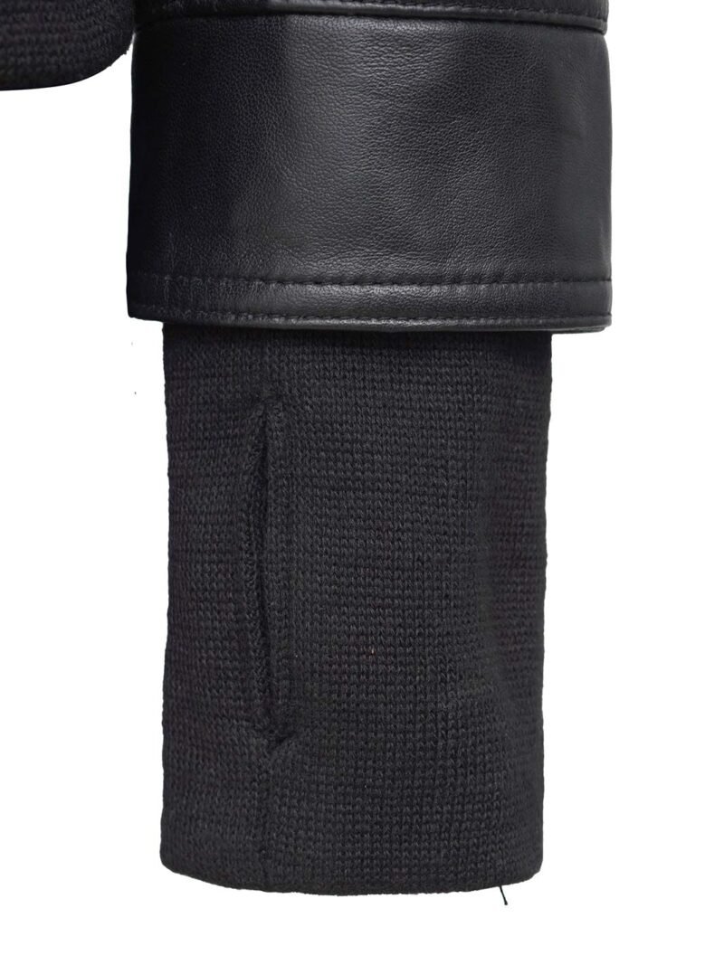 Women's black leather motorcycle jacket with hood, shown on model