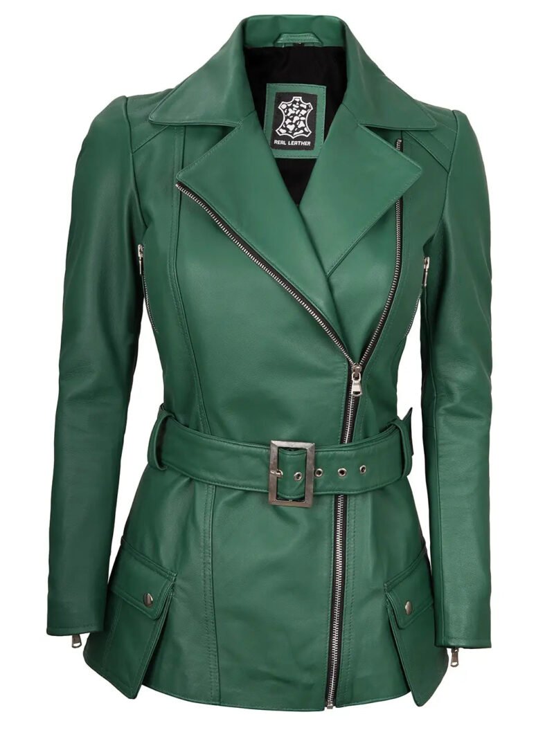 Women’s Victoria Green Asymmetrical Biker Leather Jacket – Stylish and Versatile